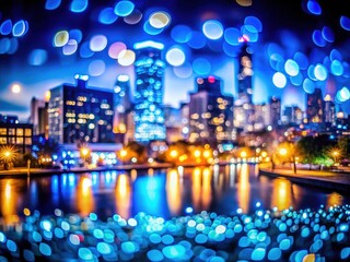 Magical tilt-shift photo: blue bokeh lights transform a city into a miniature, abstract wonderland.