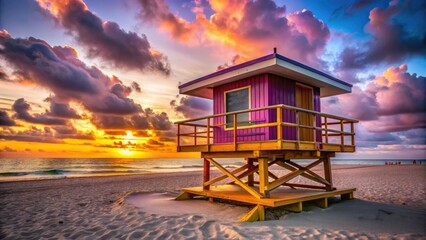 Miami Beach sunrise paints a pink Art Deco lifeguard stand, ocean backdrop.