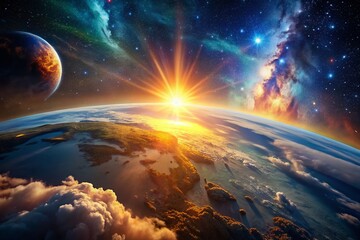 Fototapeta premium Surreal Sunrise: Earth Rotation from Space - 4K 3D Render