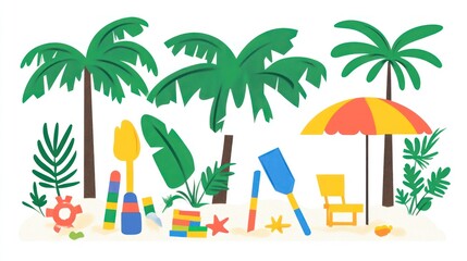 Beach toys and palm trees on sandy shore illustration