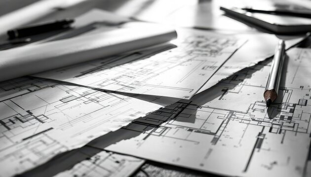 Architectural blueprints on desk with close-up of pencil and rolled paper