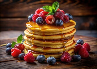 Pancakes bathed in syrup's glow, scattered berries, a nighttime feast captured in delicious detail.