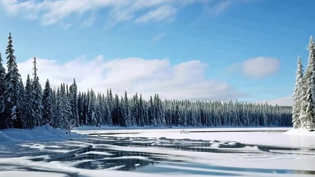 Snowy winter landscape with calm lake and tall evergreen trees under bright blue sky