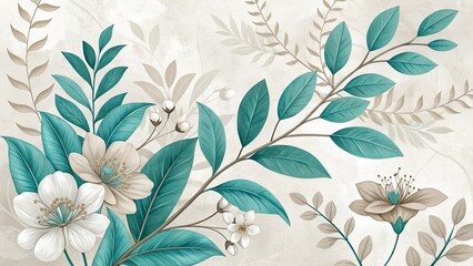 Serene Teal and Taupe Botanical Wall Decor Featuring a Variety of Lush Leaves and Delicate Floral Elements on a Textured Background
