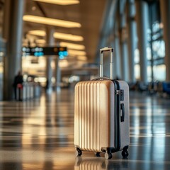 Stylish suitcases in a bustling airport terminal bathed in warm sunlight. Perfect for travel, luggage, and lifestyle visuals.