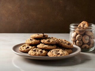 Plate of Freshly Baked Chocolate Chip Cookies with Jar in Background