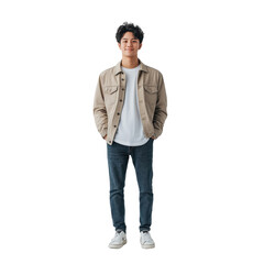 Confident Young Man: A young man with a relaxed yet confident demeanor stands tall, exuding a sense of self-assurance and style in a casual outfit.