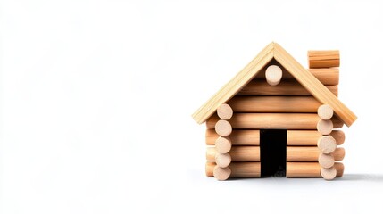 Wooden Log Cabin Model on White - Miniature log cabin, rustic charm, simple design, wooden construction, home concept. Symbolizing home, nature, simplicity, craftsmanship, and peace.