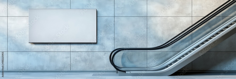 Aufkleber empty banner frame mockup is hanging on a concrete wall in a subway station with modern escalator, p