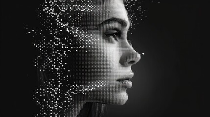 A portrait showcases a face formed from scattered dots, featuring a monochromatic palette of gray shades