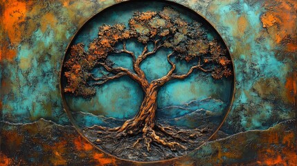 Intricate copper tree sculpture on textured background.