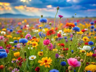 Fototapeta premium Surreal Wildflower Meadow Dreamscape: Vibrant 44 Wildflower Species in a Magical Field