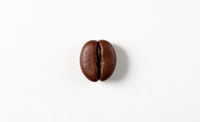 Single roasted coffee bean against white backdrop, rich brown color and distinctive center crack. Straight minimalist composition emphasizes natural texture and form with dramatic lighting.
