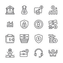 A set of money related icons including a wallet, a safe, a bank, a computer