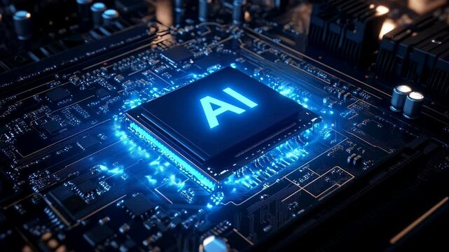 Abstract AI Chip concept Microprocessor microchip on a powerful computer motherboard, energy powering the CPU and circuitry cyber landscape