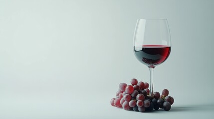 A glass of red wine with a bunch of grapes, isolated on a clean white background with space for text