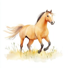 Obraz premium Graceful watercolor horse trotting in a serene meadow artistic style nature vibrant colors
