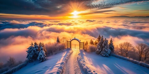 Fototapeta premium Surreal Winter Path to New Year's Gate: Misty Snowscape Drone Shot