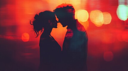 couple sharing a tender moment on the left of a blurred red background