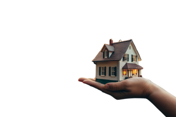model house in an open hand – symbol of home ownership and real estate on transparent background