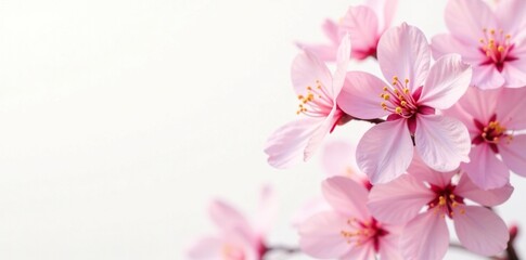 Delicate pink blossoms against a soft white background, fluffy, light, blossom