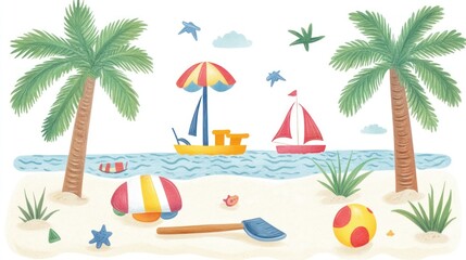 Cute beach scene with colorful toys, palm trees, and a sailboat