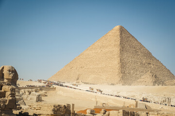 Cairo, Giza, Egypt. View of Great Giza Pyramids in the desert Sahara 