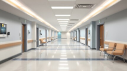Fototapeta premium Bright Hospital Hallway: Long Empty Corridor in Medical Clinic or Healthcare Setting