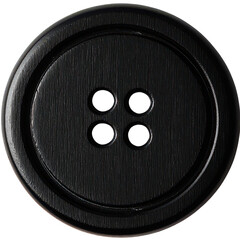 A close-up shows a rustic black wooden button with four holes, highlighting its natural grain texture.