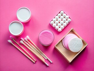 Naklejka premium Sustainable Reusable Cotton Swabs & Bamboo Makeup Remover Pads on Pink