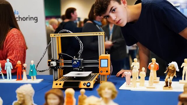 Young Innovator Explores 3D Printing at Technology Expo With Intricate Miniature Models Surrounding