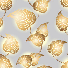 Illustration with golden leaves and backlight.Gold leaves backlit on colored background in a seamless vector pattern.