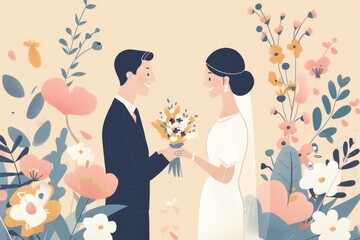 Bride and groom in floral setting