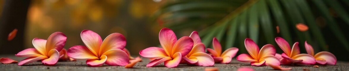 Fototapeta premium Fallen plumeria against a backdrop of dry palm leaves, plumeria, fall, leaf