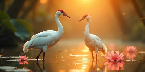 Fototapeta premium Serene Sunrise Two White Cranes Amidst Pink Lotus Blossoms