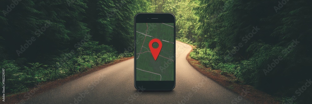 Poster Mobile phone displaying map with red location pin on asphalt road winding through lush green forest, showcasing concept of navigation and travel