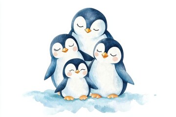 Obraz premium Adorable watercolor penguins family arctic setting illustrative art cute environment whimsical viewpoint