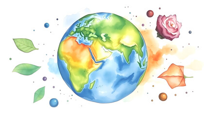 Earth with the different elements, watercolor, with white tones