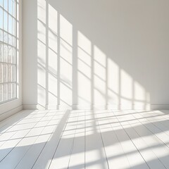 Obraz premium A clean, minimalist white studio room with sunlight and shadow patterns, ideal for creative designs.