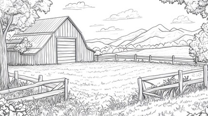 Fototapeta premium Rural barn, idyllic valley, sketch, farm, peaceful scene, book illustration