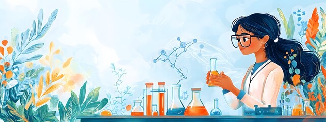 A flat vector illustration of an Indian woman scientist holding up a test tube, wearing a lab coat and goggles