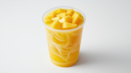 Refreshing Mango Smoothie in Clear Plastic Cup with Fresh Mango Chunks on Top Perfect for Summer and Tropical Beverage Ideas