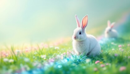 Obraz premium Serene white rabbits in lush meadow with colorful blossoms
