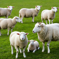 Naklejka premium Group of white sheep in the pasture