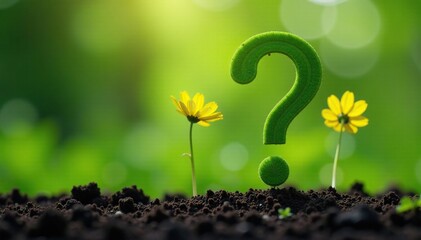 Green question mark flowers emerging from ground, fertility, question marks