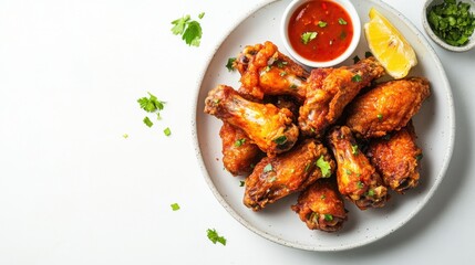 A plate of crispy fried chicken wings, isolated on a clean white background with room for text.