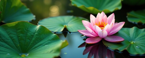 High angle shot of a pond with clear lotus leaves, serene, fresh