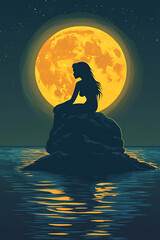 A silhouette of a mermaid sitting on a rock by the ocean under a large full moon.