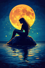 A silhouette of a mermaid sitting on a rock under a large moon, reflecting on water.