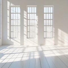 A clean, minimalist white studio room with sunlight and shadow patterns, ideal for creative designs.